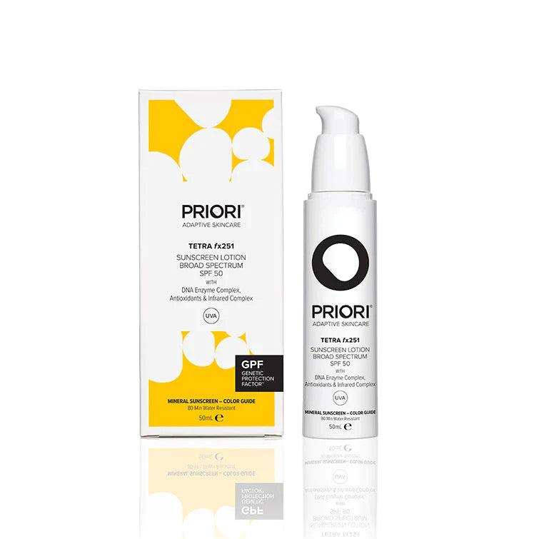 Priori Tetra tinted mineral sunscreen SPF55 bottle and tube