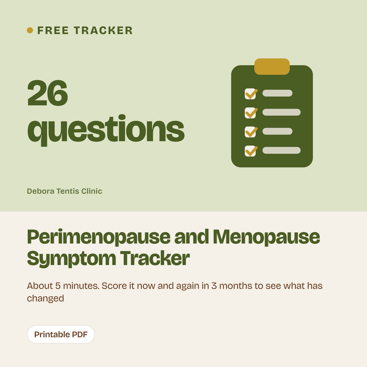 Perimenopause and Menopause Symptom Tracker, free printable PDF from Debora Tentis Clinic