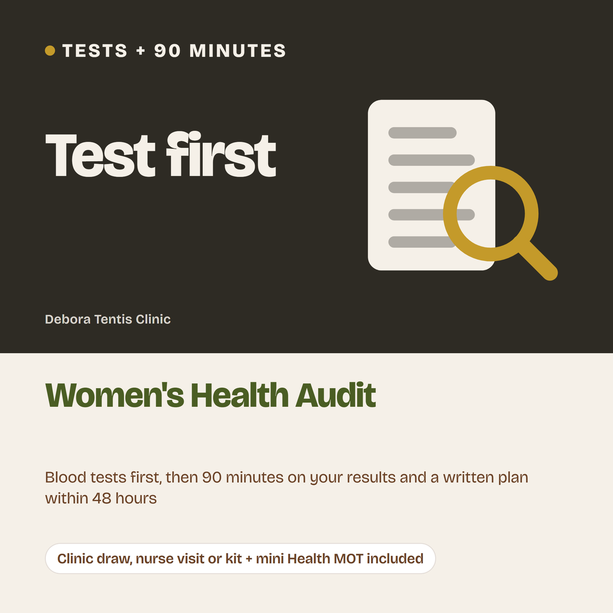 Women's Health Audit: blood tests first, then 90 minutes on your results, Debora Tentis Clinic